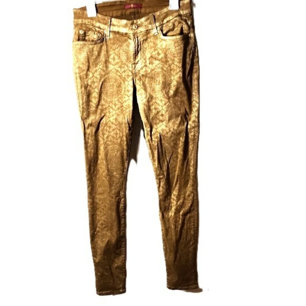 7 For All Mankind Metallic Gold Artisan Tile Boho Skinny Stretchy Jeans Sz 29